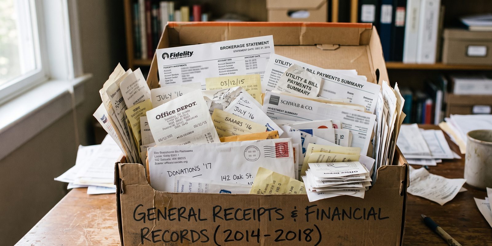 A cardboard box overflowing with years of disorganized receipts, bank and brokerage statements, and financial records on a desk — labeled General Receipts & Financial Records, 2014–2018.
